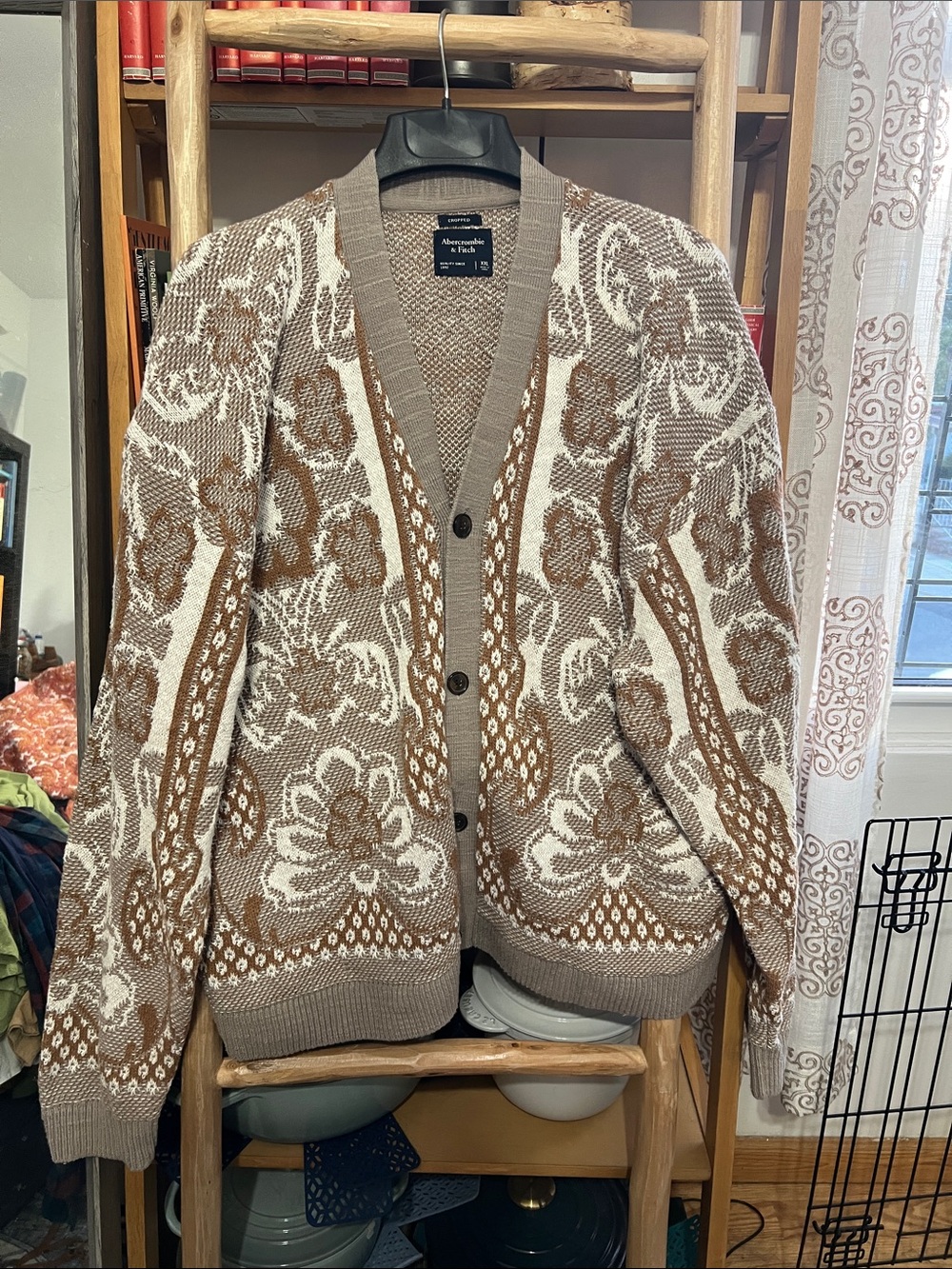 Abercrombie & Fitch Brown and Cream Floral Jacquard Cardigan